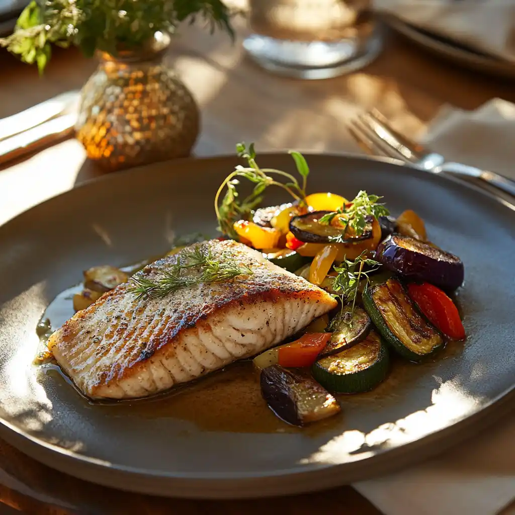 Branzino plated with roasted vegetables.