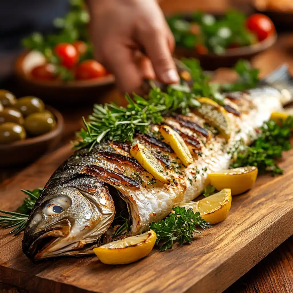 Whole grilled Branzino with fresh herbs and lemon slices on a wooden serving board.