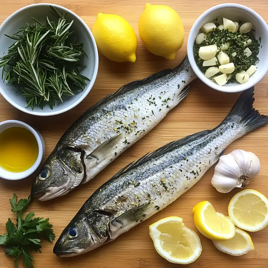 Fresh Branzino fish with cooking ingredients on a wooden table.