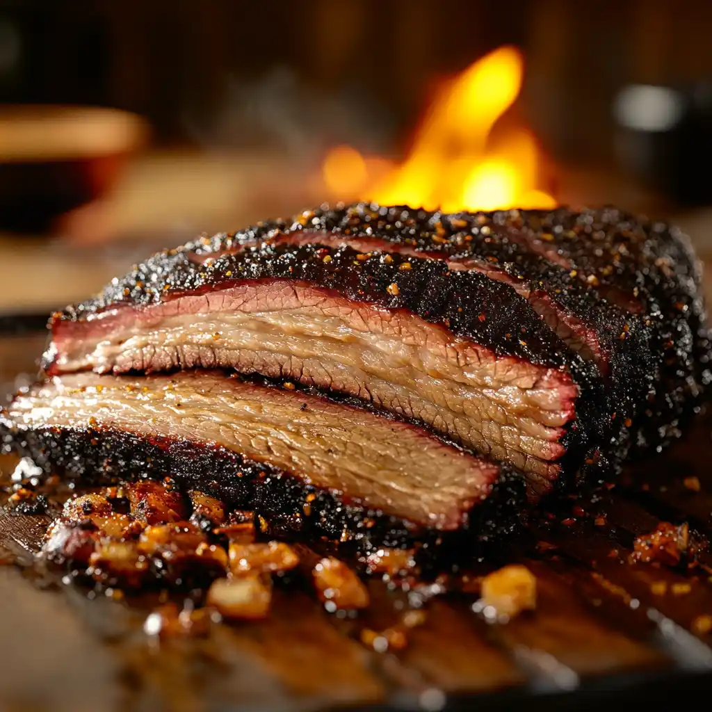 Brisket smoking on a grill with visible smoke and glowing embers.