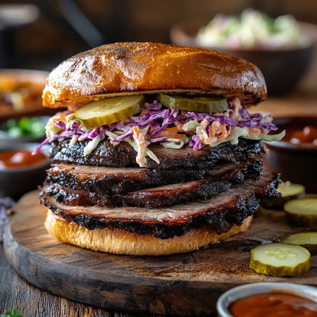 A brisket sandwich being assembled with toppings on a wooden board.