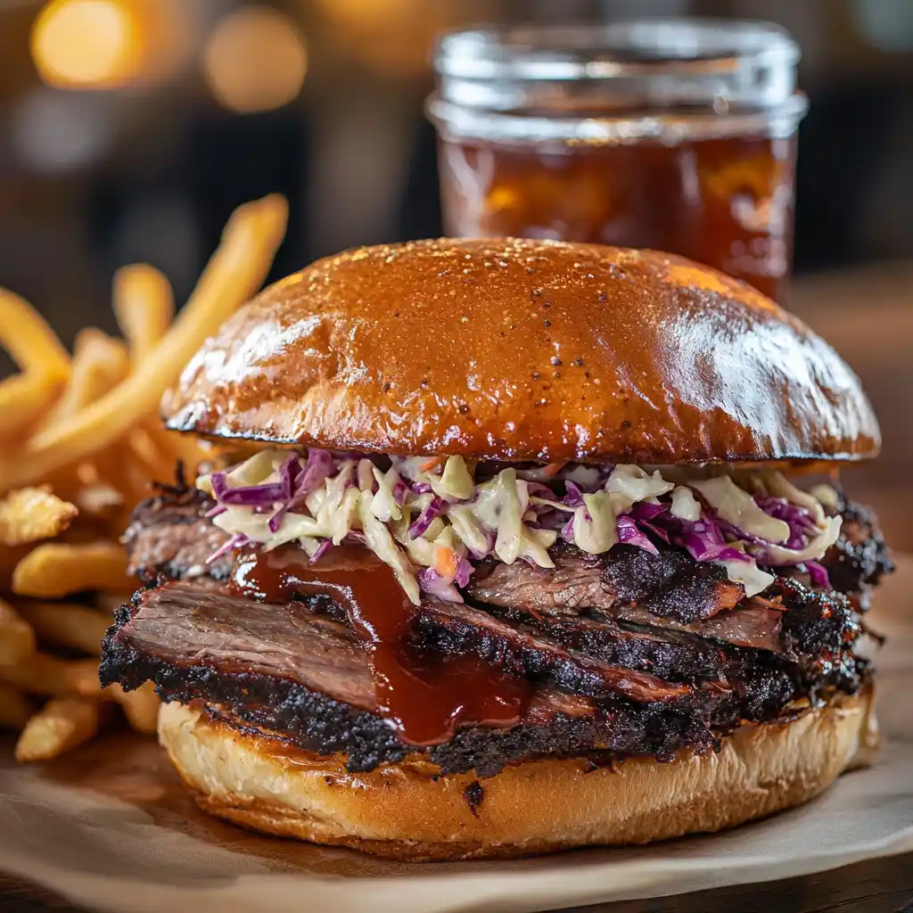 A freshly made brisket sandwich with coleslaw and BBQ sauce on a rustic wooden table.