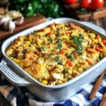 A golden-baked chicken dressing in a casserole dish.