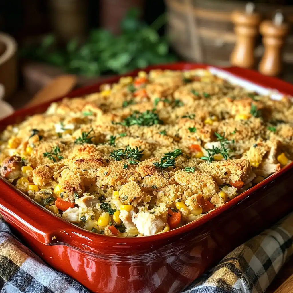 Chicken dressing baking in the oven with a golden crust.