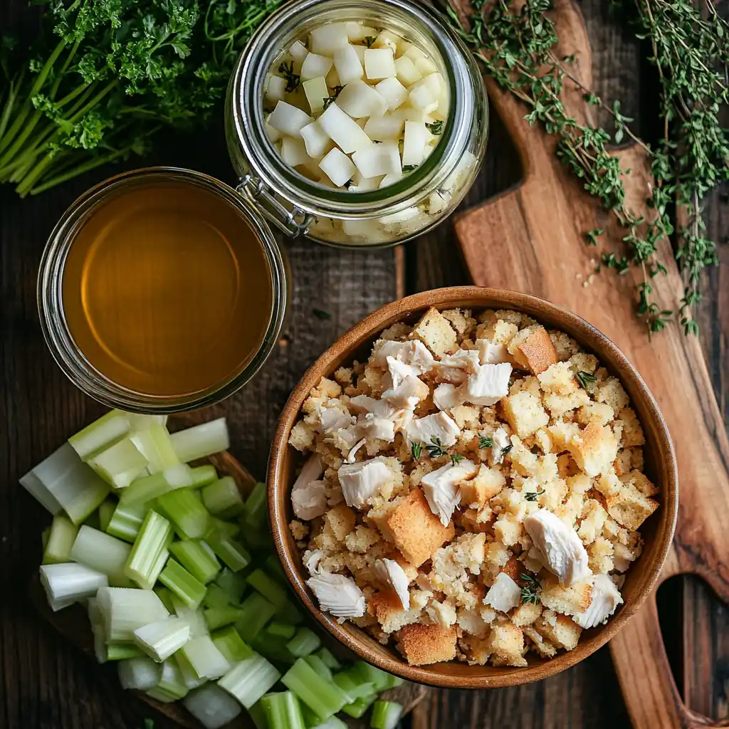 Ingredients for chicken dressing including cornbread, chicken, and vegetables.