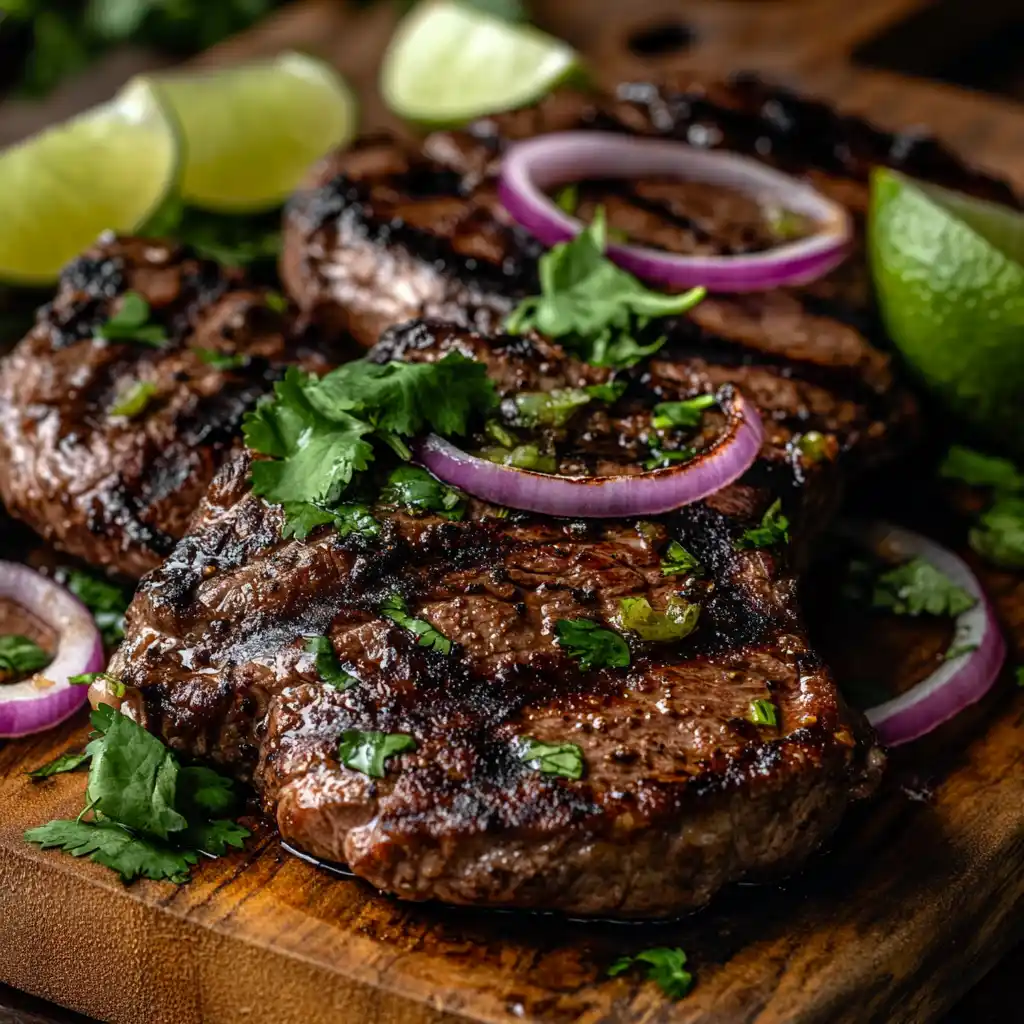 A plate of perfectly grilled chipotle steak with garnish.