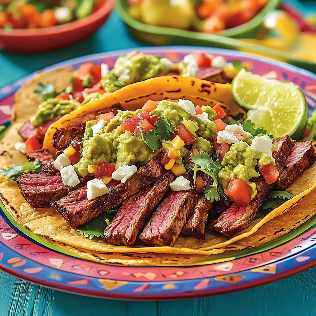 Chipotle steak served in tacos with fresh toppings.