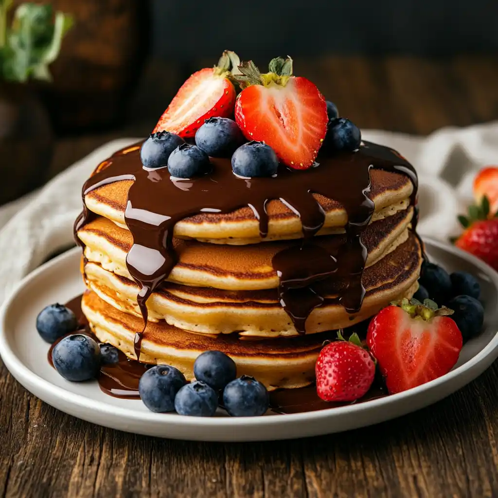 Chocolate gravy poured over fluffy pancakes and garnished with fresh berries.