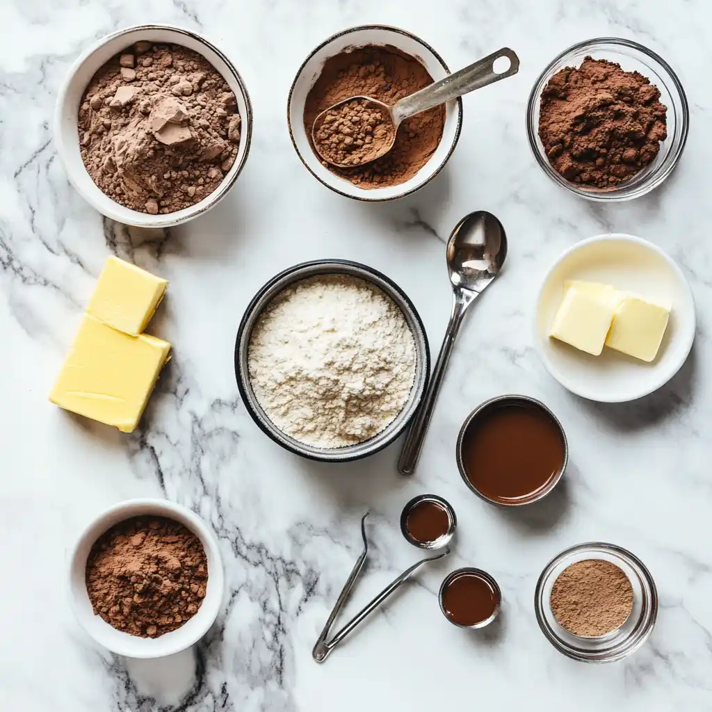 Ingredients for chocolate gravy, including cocoa powder, milk, sugar, and butter, arranged neatly.