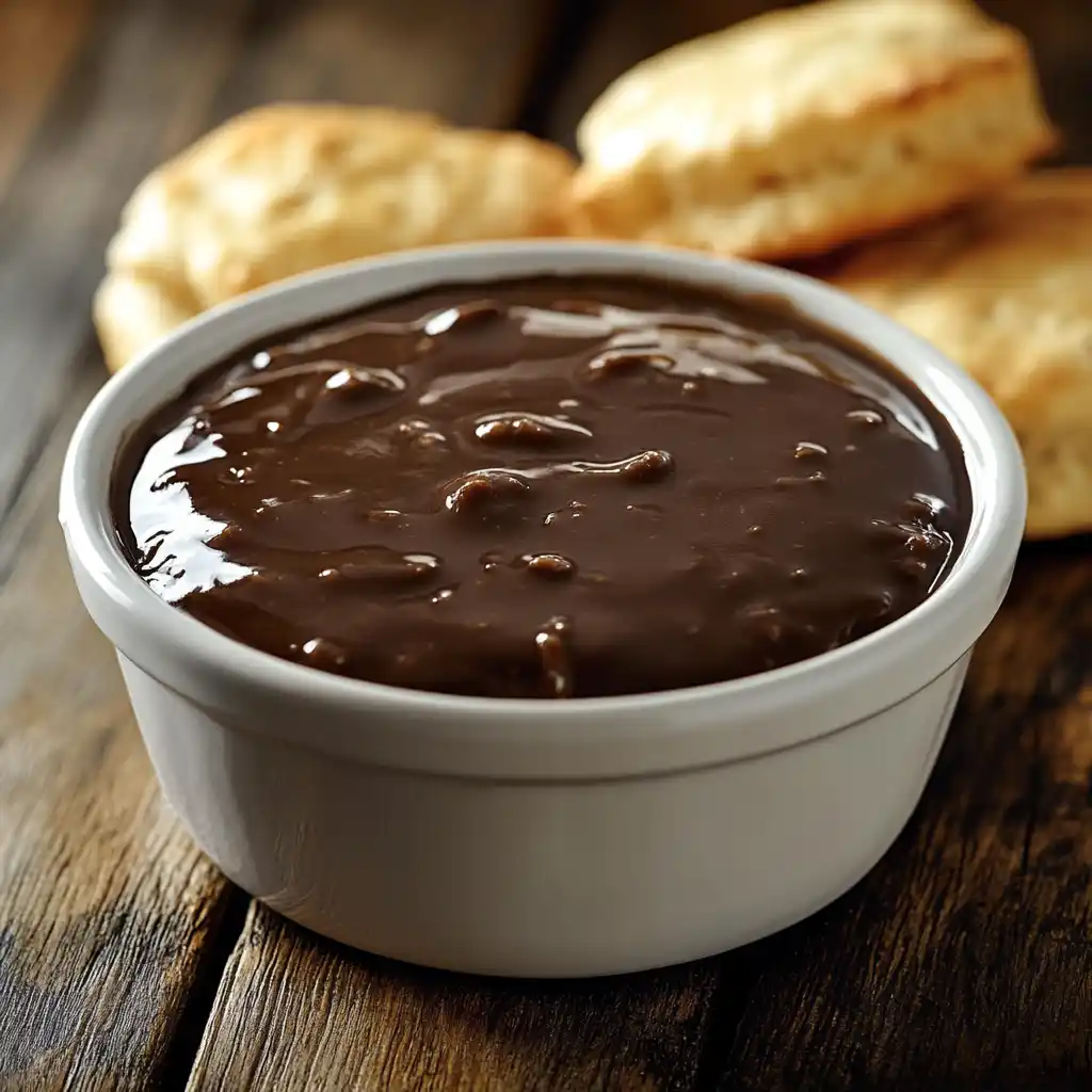 Bowl of chocolate gravy with biscuits on a wooden table.