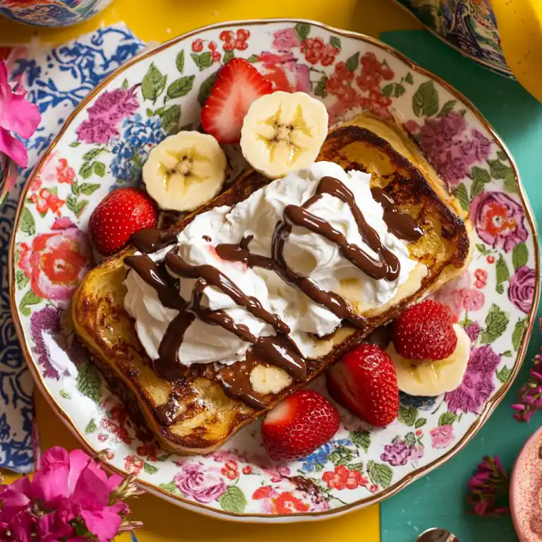 Perfectly cooked French toast with syrup and berries.