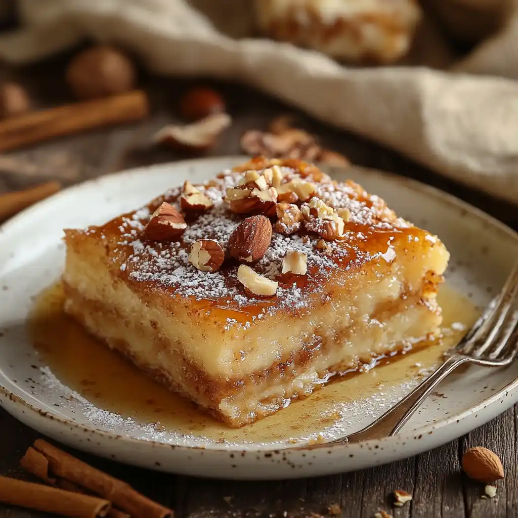 A beautifully presented crinkle cake with golden, crispy layers and a drizzle of sweet syrup.