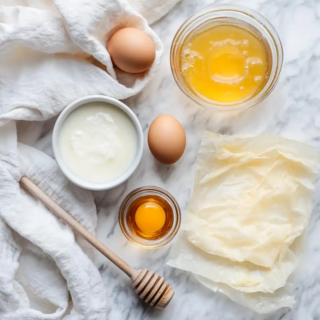 A flat lay of ingredients for making crinkle cake, including phyllo dough, eggs, milk, sugar, and butter.