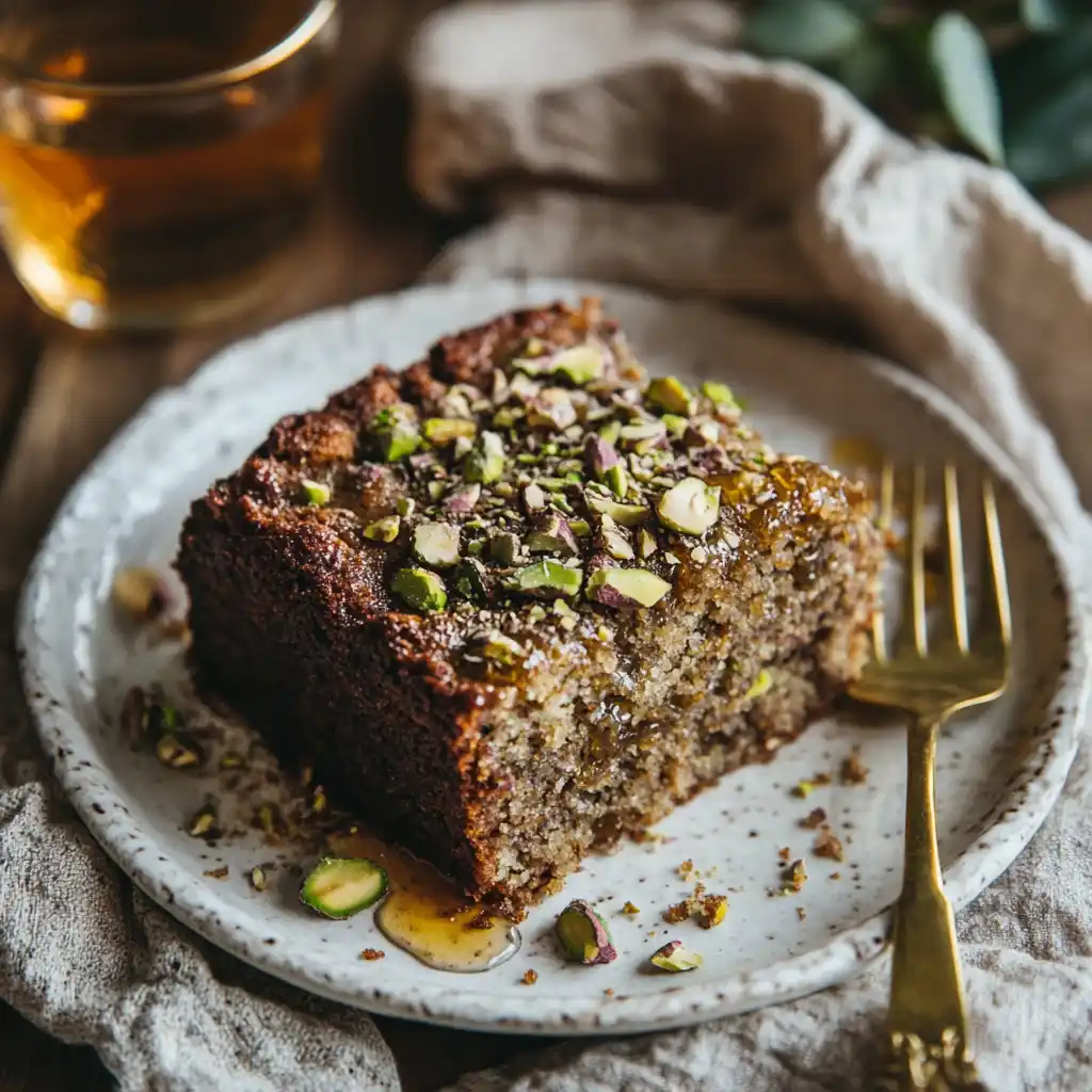 A single slice of crinkle cake on a plate, garnished with crushed pistachios.