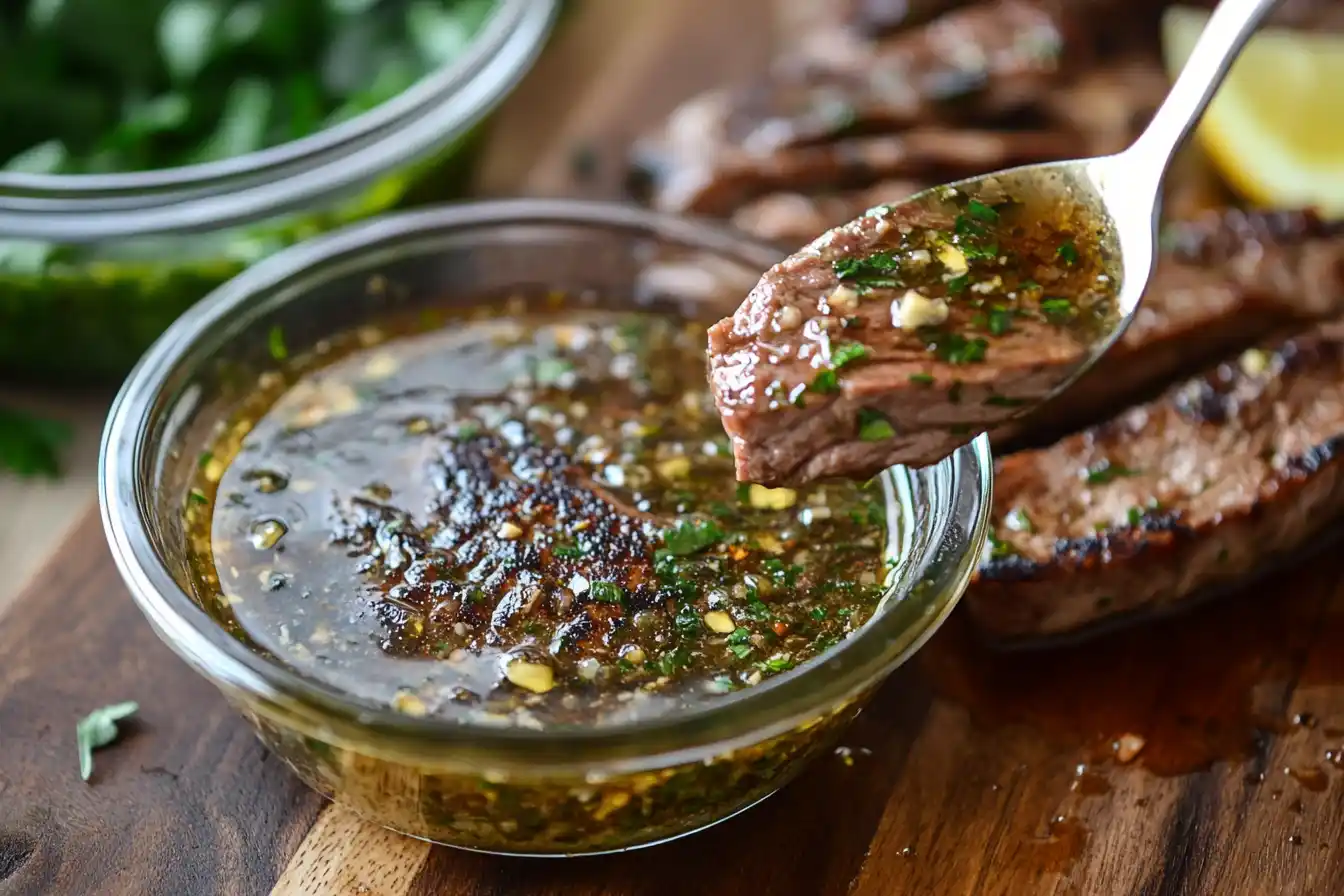 Multiple bowls with different marinade variations for chicken, beef, shrimp, and vegetables.