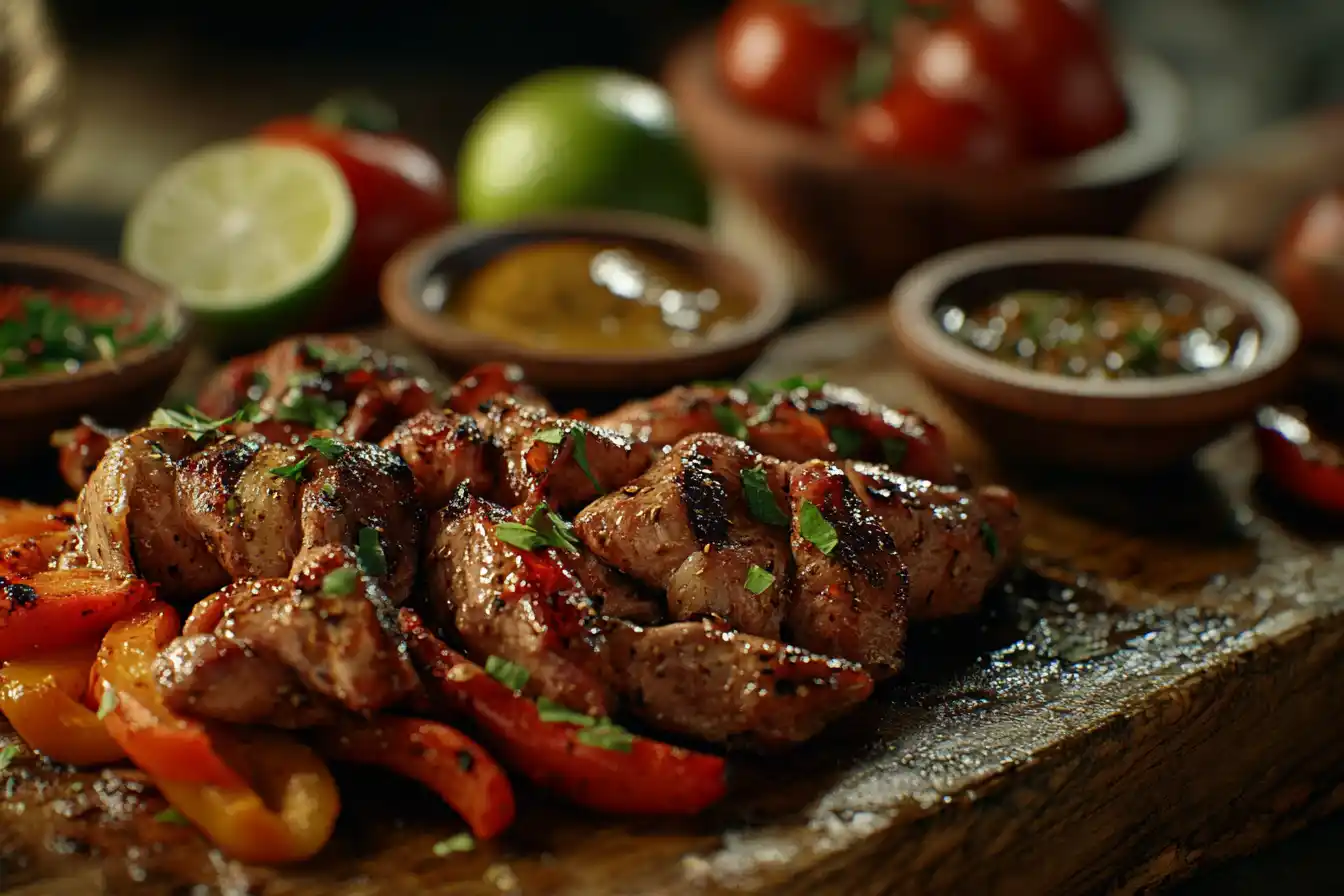 A dish of marinated meat and vegetables being cooked on a sizzling grill.