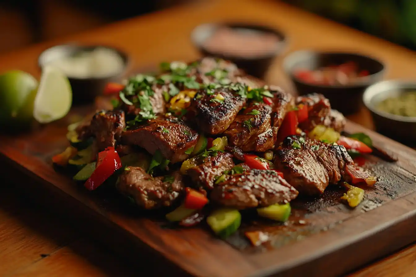 A vibrant display of freshly prepared fajitas with colorful vegetables and juicy