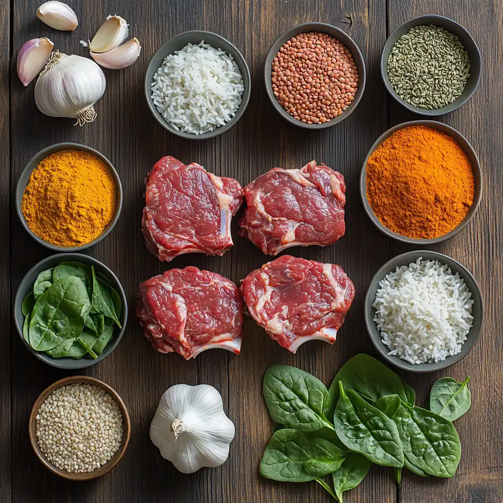 Fresh ingredients for Lamb Lentils Rice Spinach Recipe laid out on a wooden table.