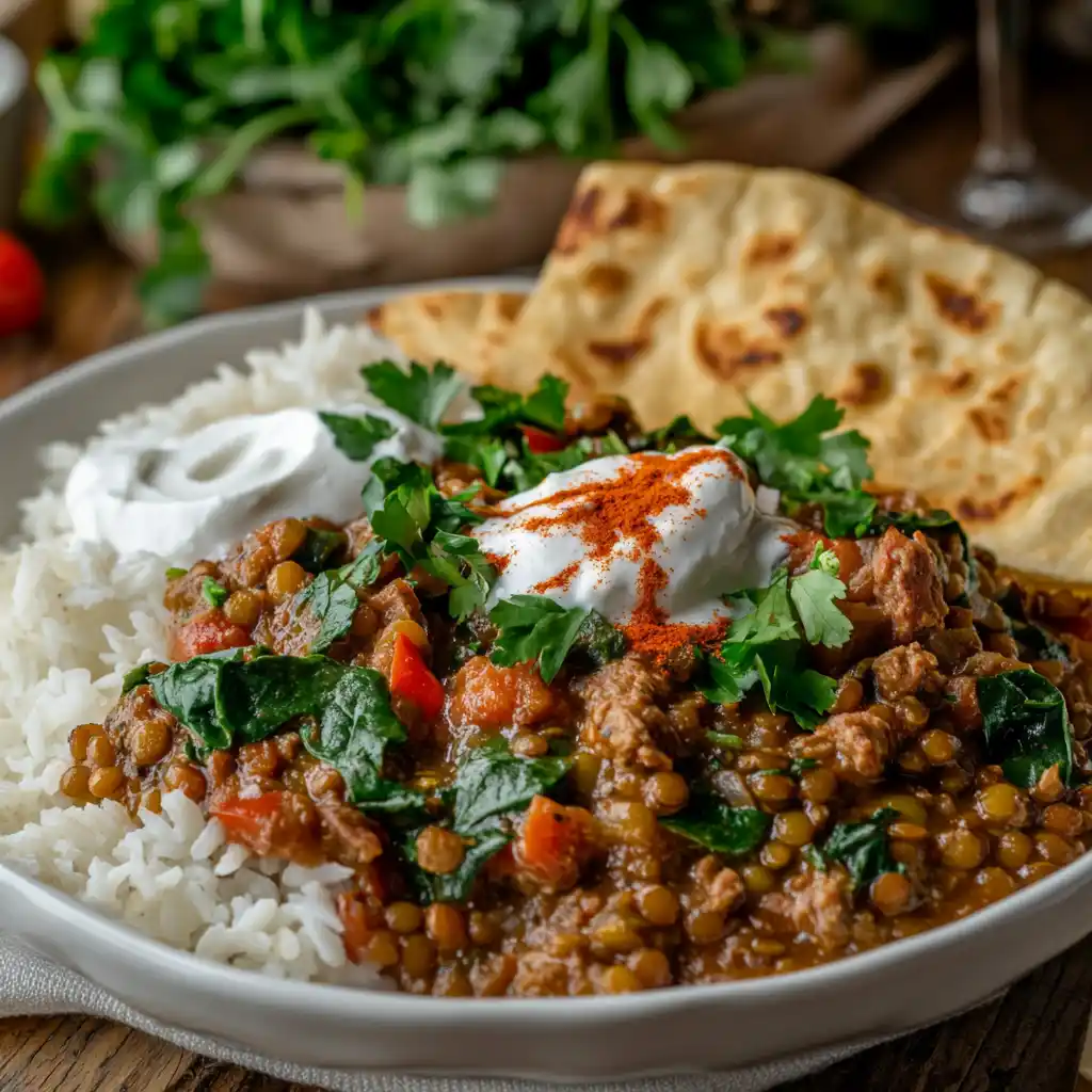 Lamb Lentils Rice Spinach dish served with a side of flatbread.