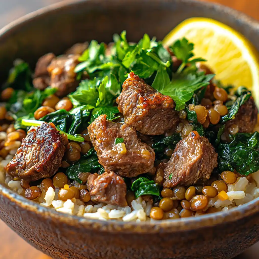 A bowl of Lamb Lentils Rice Spinach garnished with fresh herbs