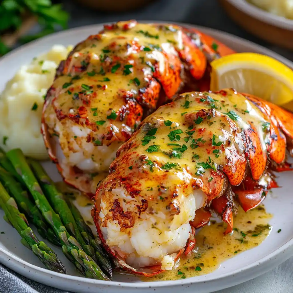 A plated dish of creamy garlic butter lobster tails with side dishes.