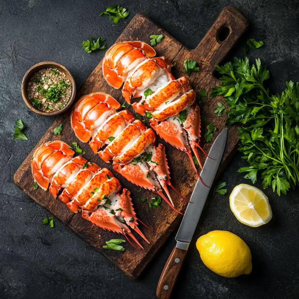 Butterflied lobster tails on a wooden cutting board, ready for seasoning.