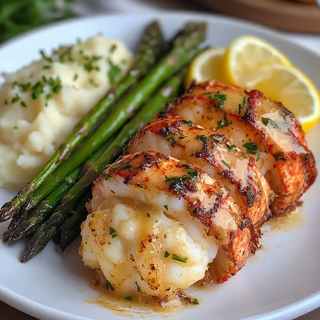 Delicious creamy garlic butter lobster tails served on a plate.