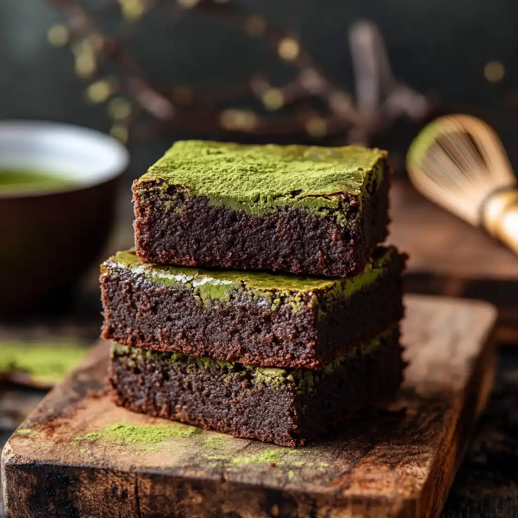 Freshly baked matcha brownies with a vibrant green color