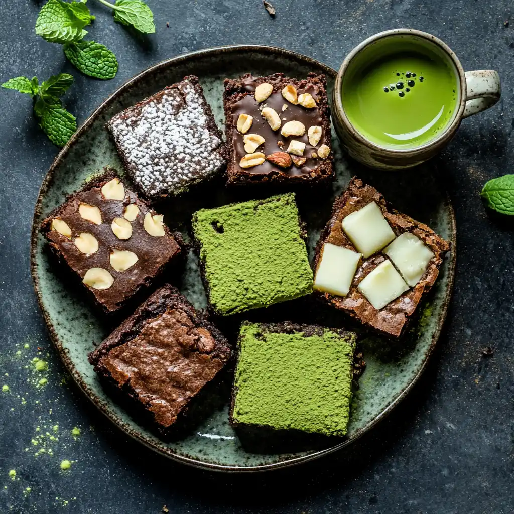 A plate with different types of matcha brownies