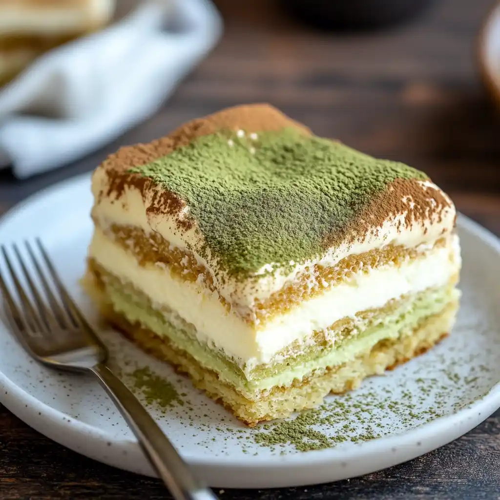 A single slice of matcha tiramisu served elegantly