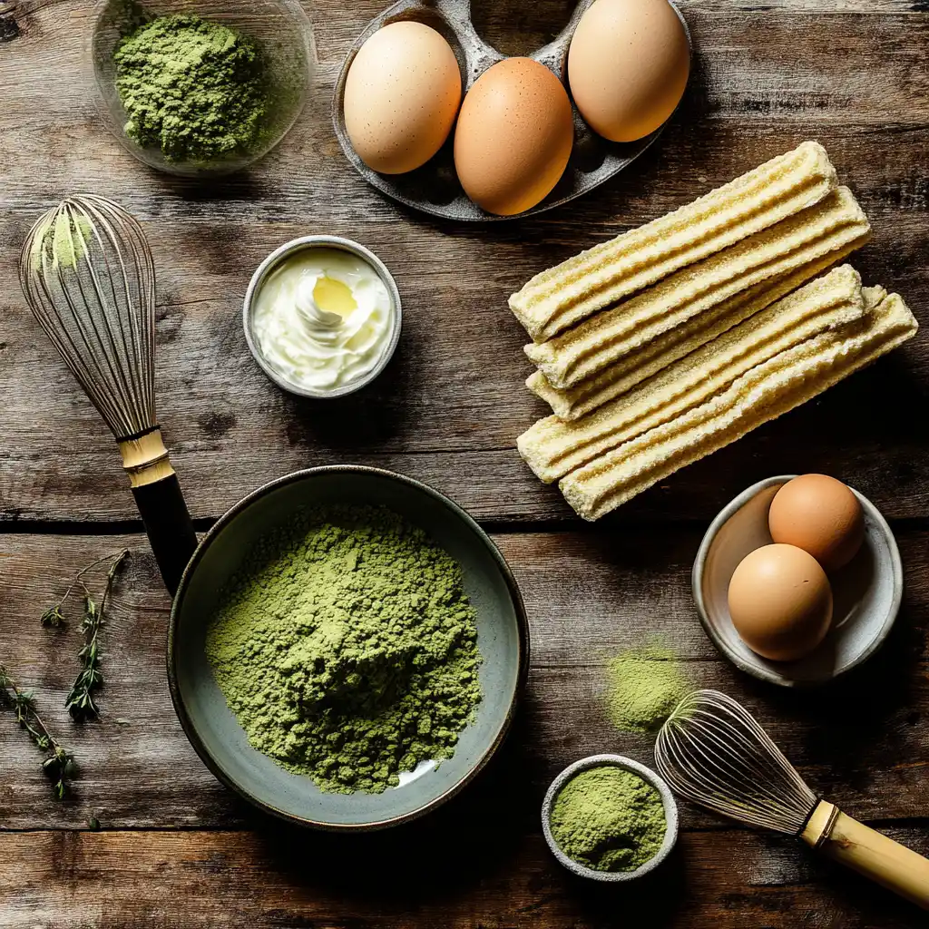 A flat lay of matcha tiramisu ingredients