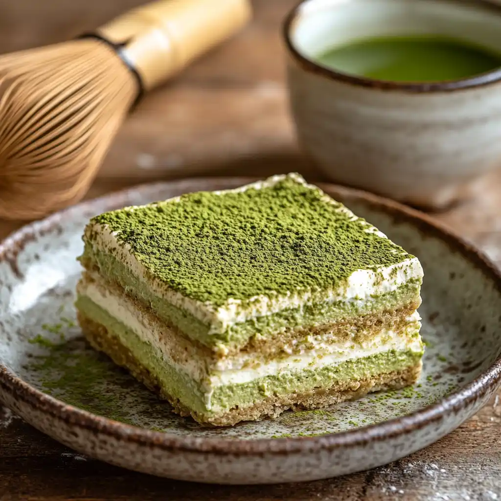 A beautifully plated matcha tiramisu with vibrant green layers