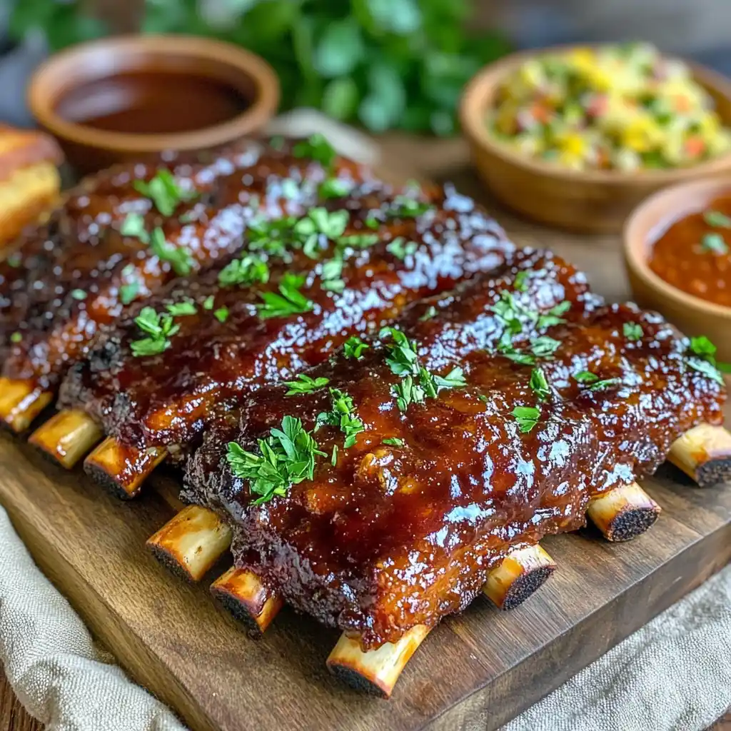 Juicy, glazed party ribs served on a platter