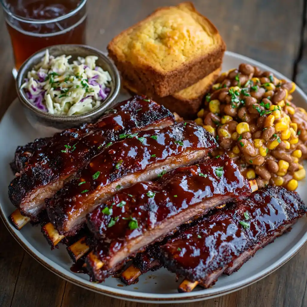 A plated serving of barbecue ribs with side dishes