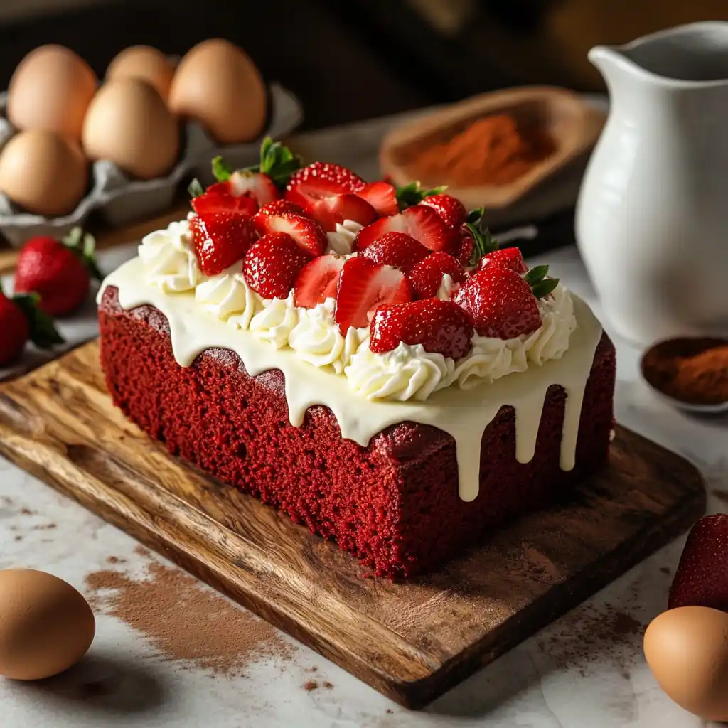 Sliced red velvet pound cake with cream cheese frosting and garnishes