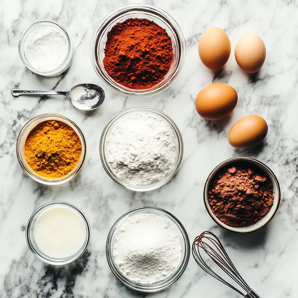 High-quality ingredients for red velvet pound cake preparation