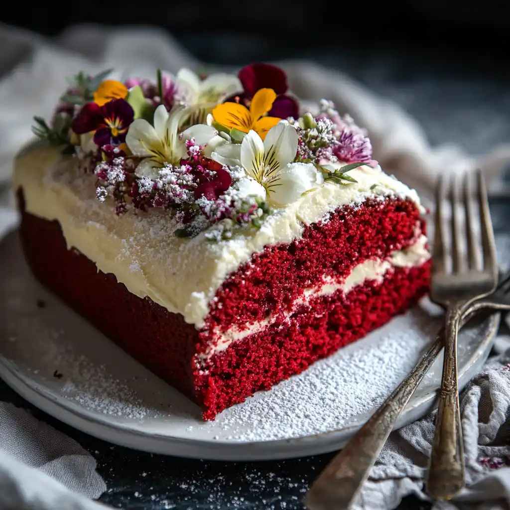 A perfectly baked red velvet pound cake with cream cheese frosting