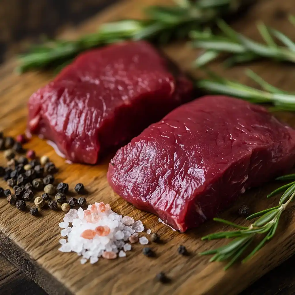 A close-up of Sandhill Crane meat on a wooden cutting board.