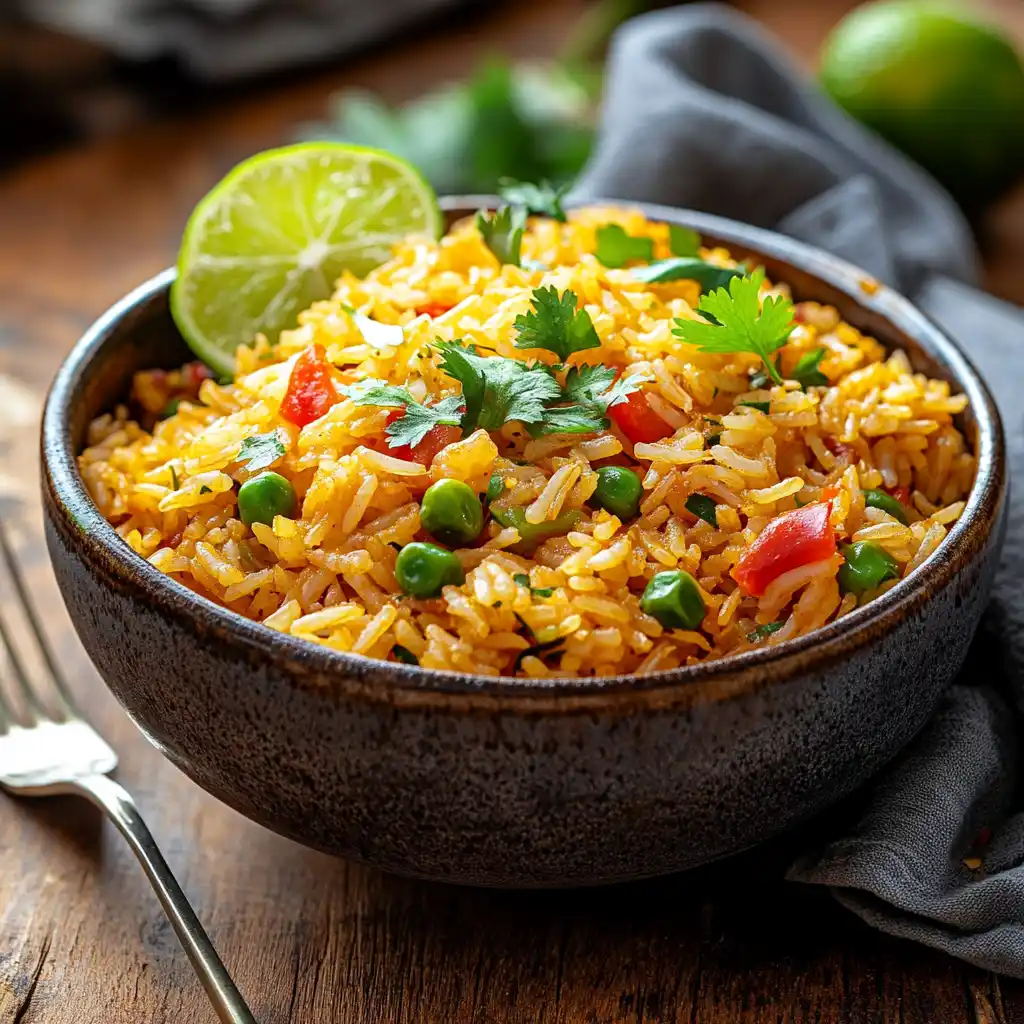 A vibrant plate of Sassy Rice with vegetables and spices