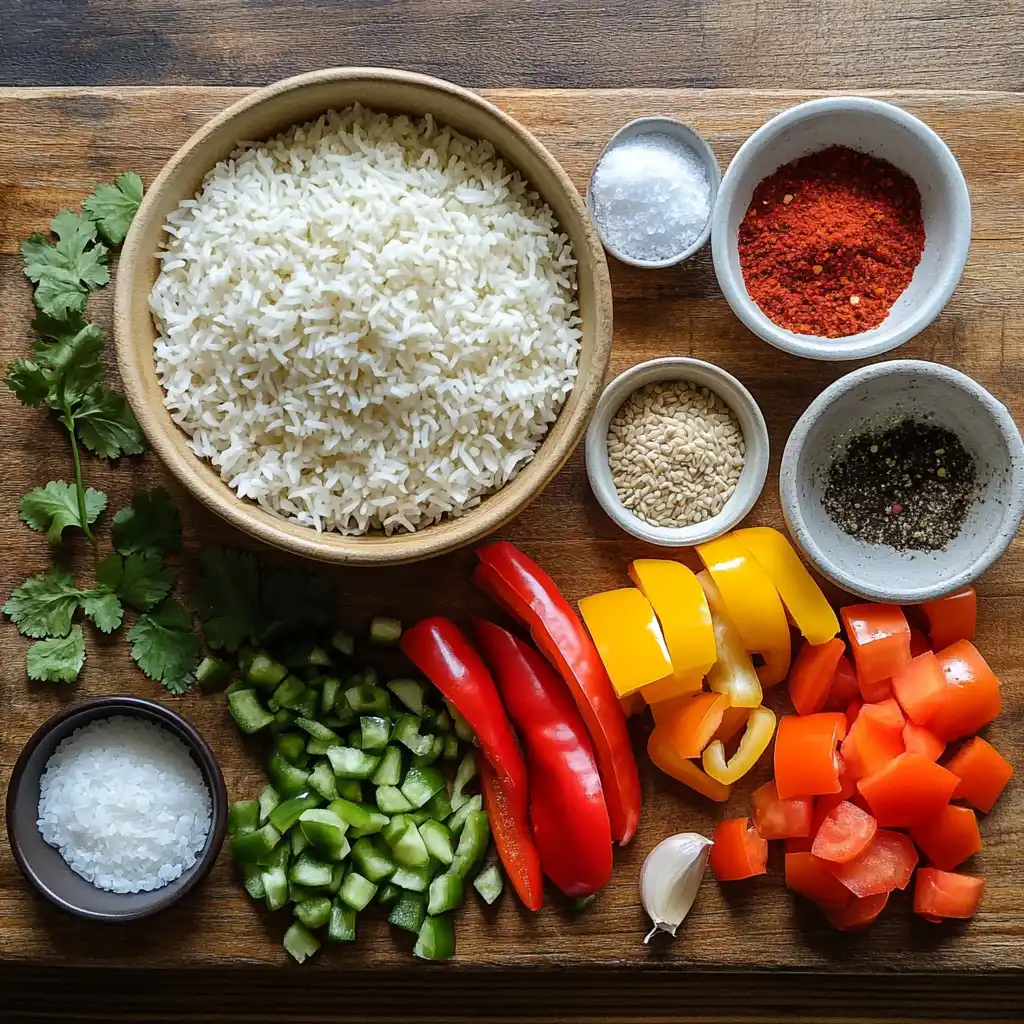 Fresh ingredients for Sassy Rice laid out on a wooden countertop