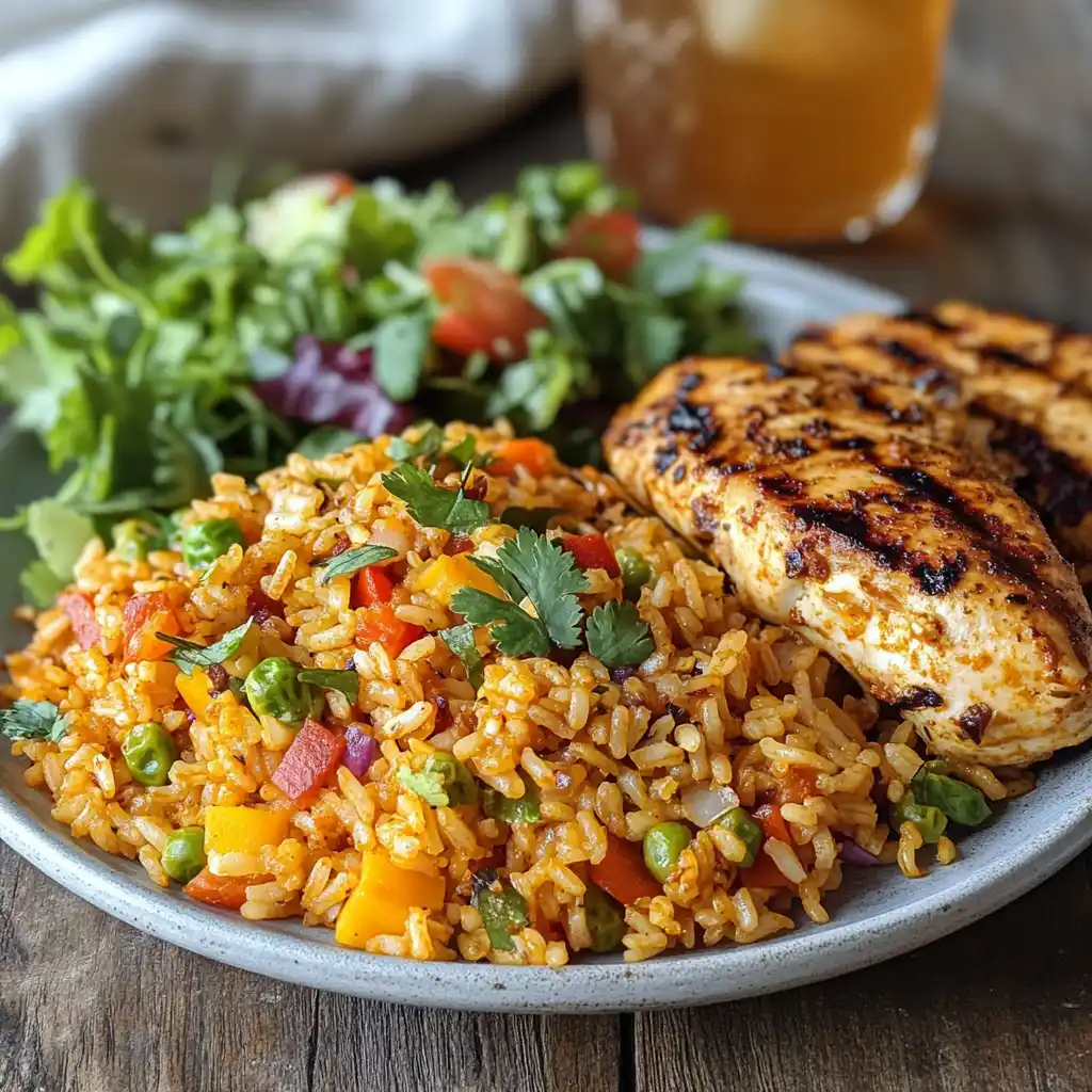 A plated serving of Sassy Rice with grilled chicken and fresh salad