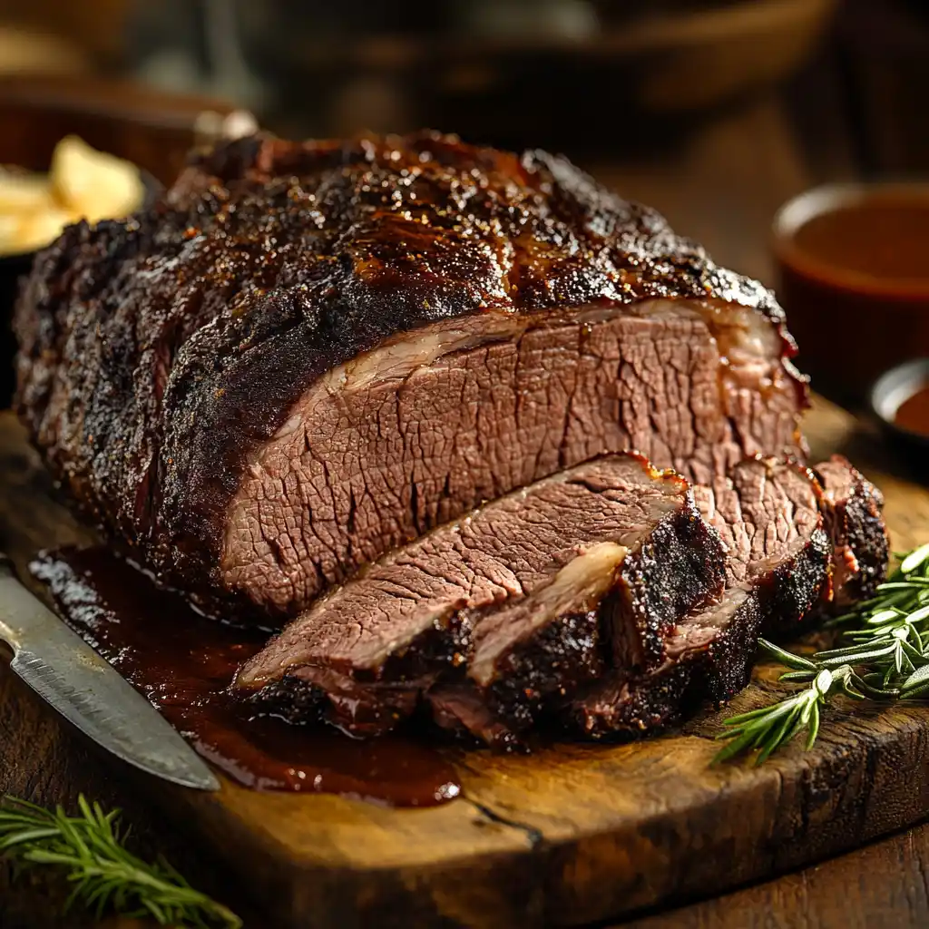 Smoked chuck roast sliced into juicy, tender pieces on a cutting board.