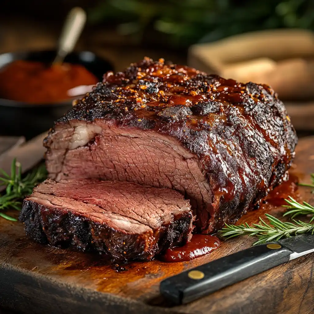 Juicy smoked chuck roast with a rich bark, sliced and served on a wooden board.