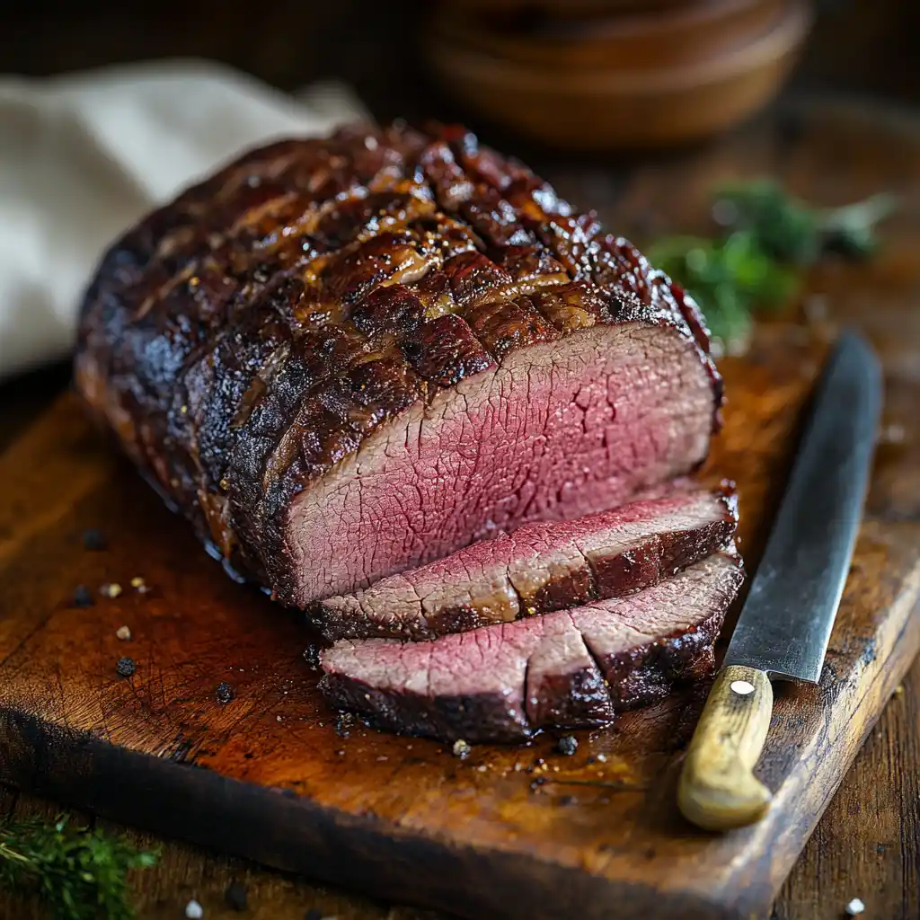 Chuck roast being smoked in an offset smoker with flavorful smoke rising.