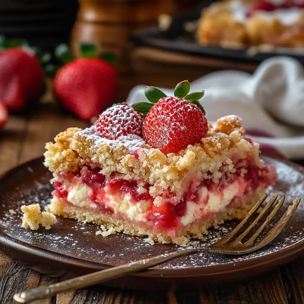 A beautifully baked strawberry cheesecake dump cake served on a rustic wooden table.