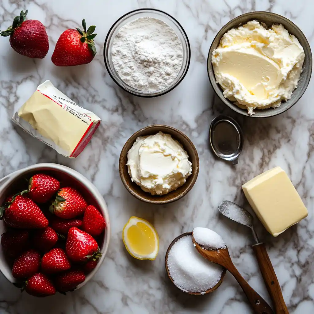 A flat lay of the ingredients for strawberry cheesecake dump cake.