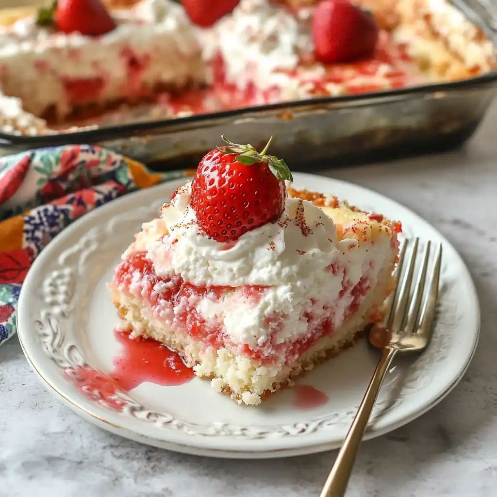 A slice of strawberry cheesecake dump cake served with whipped cream