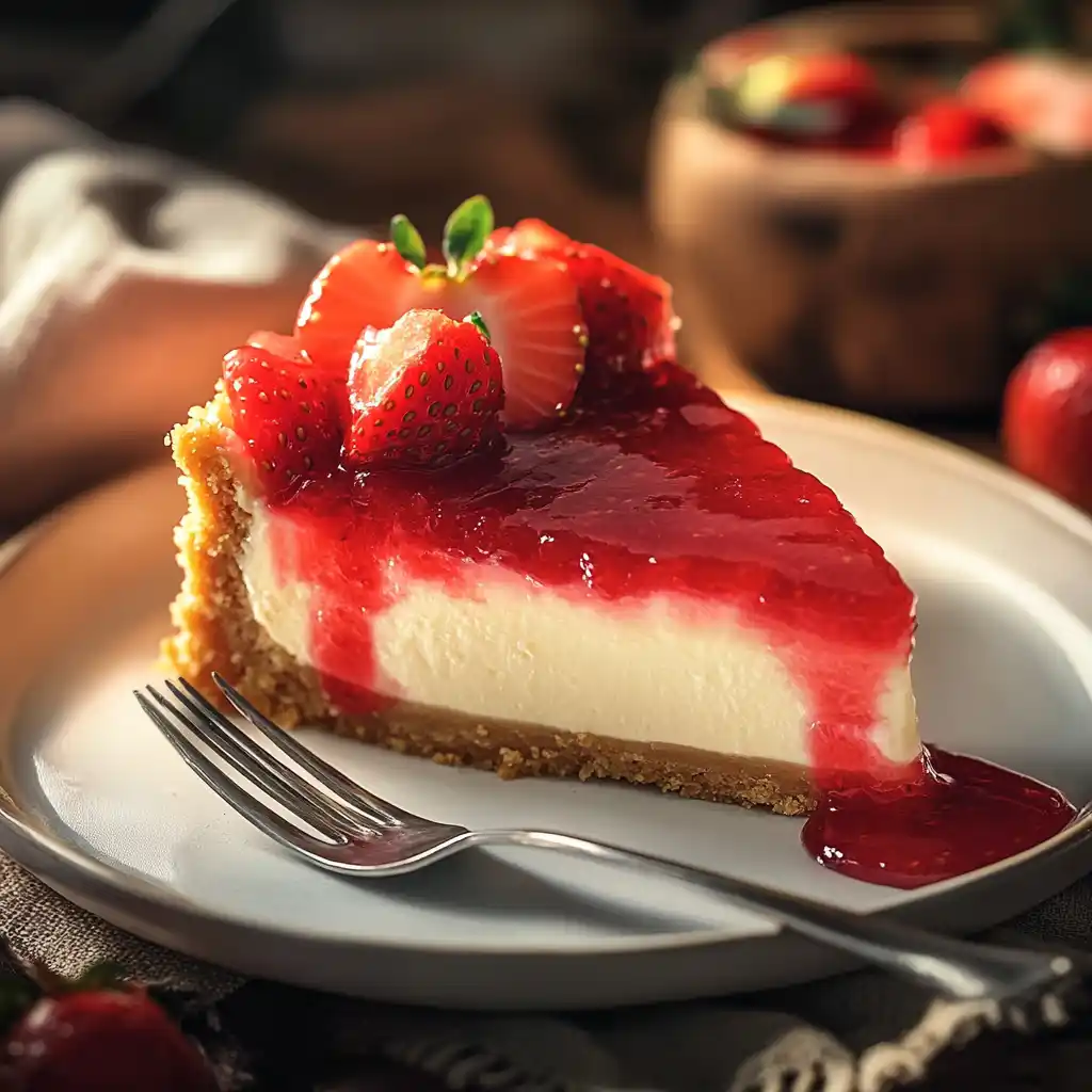 A slice of strawberry cheesecake on a dessert plate