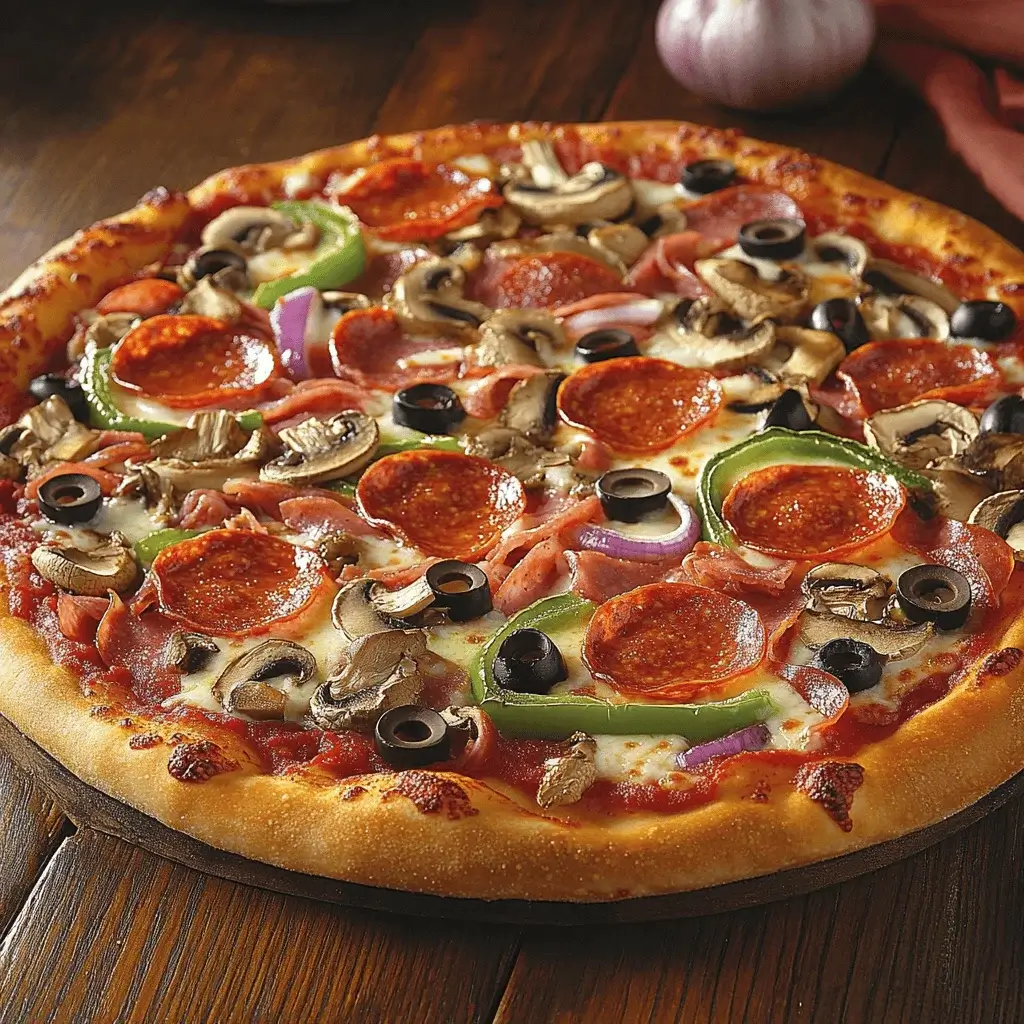 A close-up of a freshly baked Supreme Pizza with vibrant toppings.