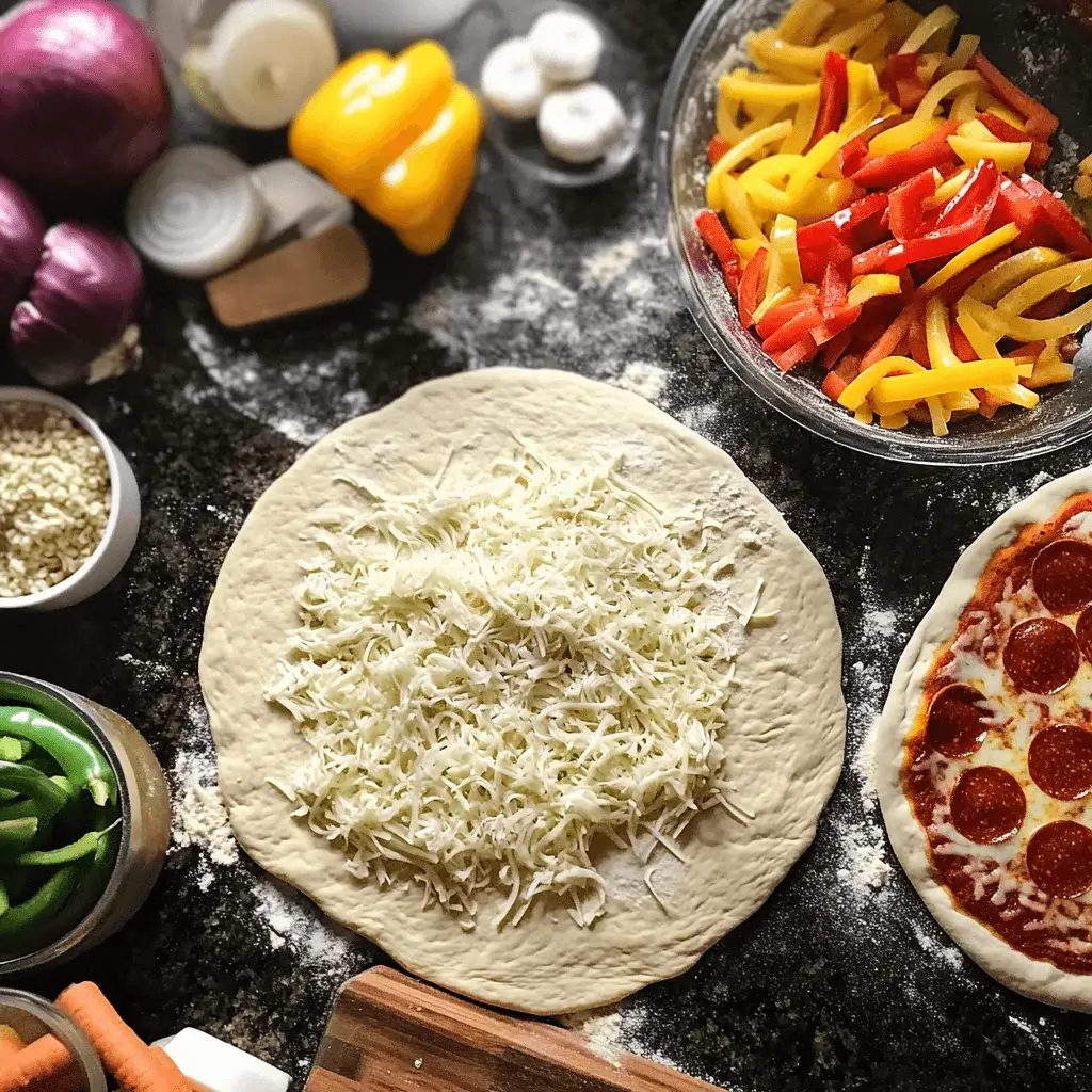 Ingredients and a Supreme Pizza being prepared.